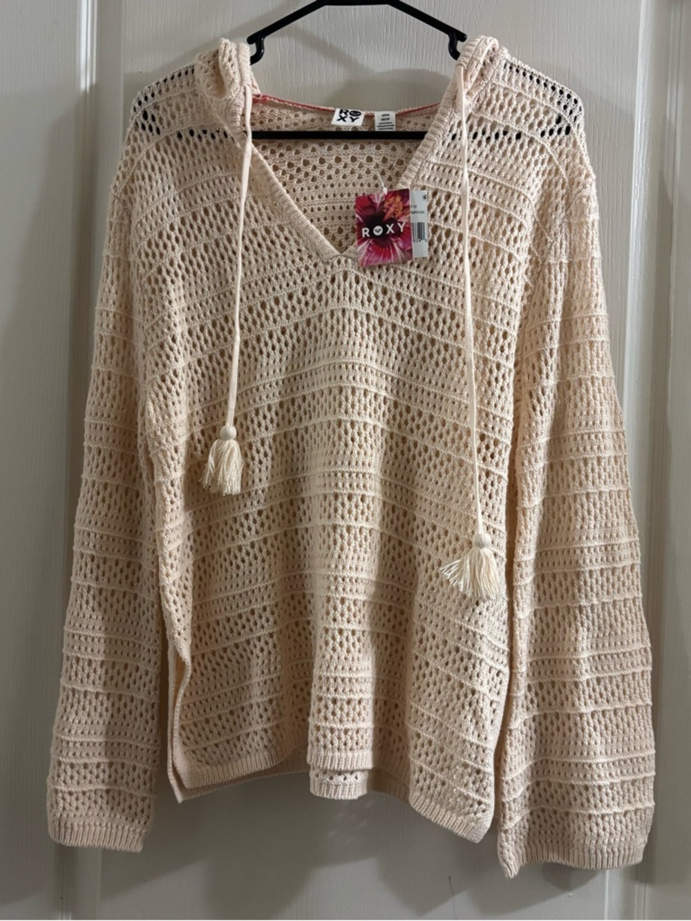 Roxy Cream Crochet Hooded Top with Tassel Trim
